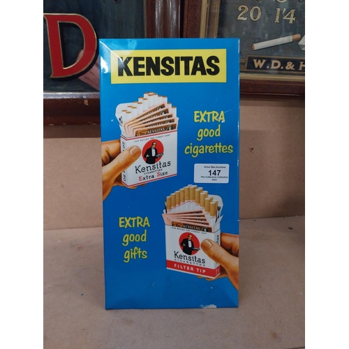 147 - Kensitas Extra Good Cigarettes celluloid counter showcard. {30 cm H x 15 cm W}.