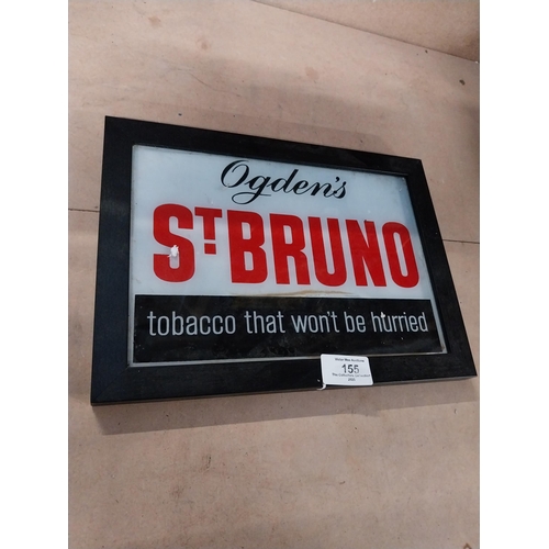 155 - Ogden's Bruno tobacco reverse painted glass advertising sign {21 cm H x 29 cm W}.