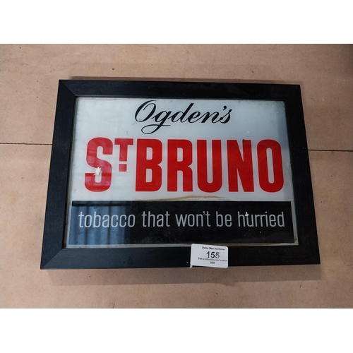 155 - Ogden's Bruno tobacco reverse painted glass advertising sign {21 cm H x 29 cm W}.