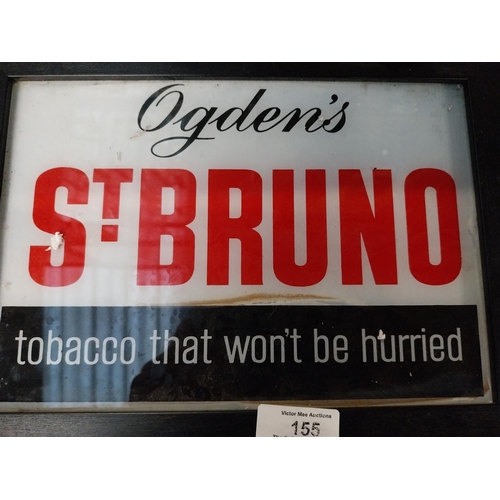 155 - Ogden's Bruno tobacco reverse painted glass advertising sign {21 cm H x 29 cm W}.