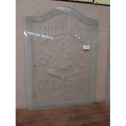 16 - Pair of early 20th C. etched glass Billard panels {60 cm H x 44 cm W}.