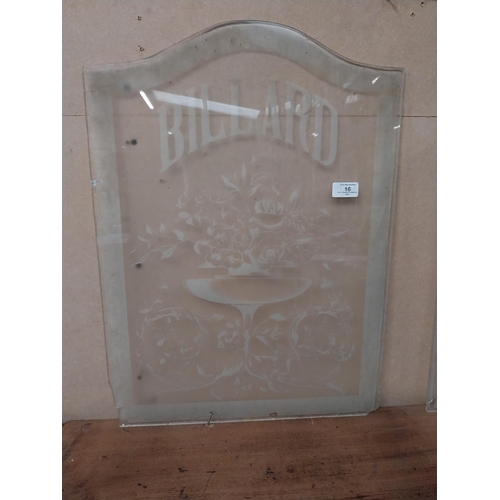 16 - Pair of early 20th C. etched glass Billard panels {60 cm H x 44 cm W}.