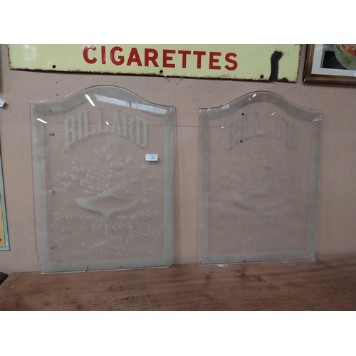 16 - Pair of early 20th C. etched glass Billard panels {60 cm H x 44 cm W}.