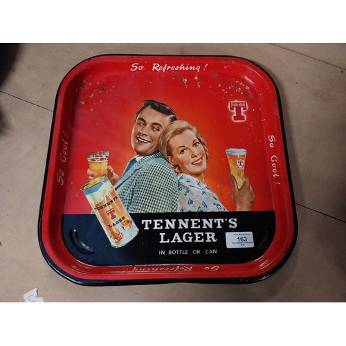 163 - Tennents Lager tin plate advertising drinks tray. {35 cm H x 35 cm W}.