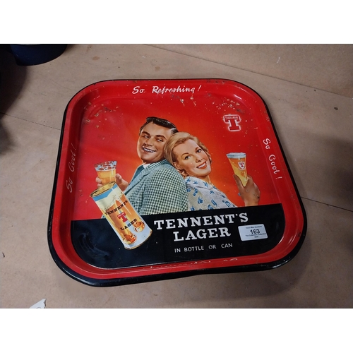 163 - Tennents Lager tin plate advertising drinks tray. {35 cm H x 35 cm W}.