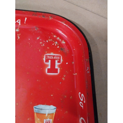 163 - Tennents Lager tin plate advertising drinks tray. {35 cm H x 35 cm W}.