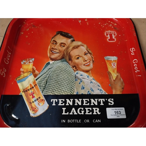 163 - Tennents Lager tin plate advertising drinks tray. {35 cm H x 35 cm W}.