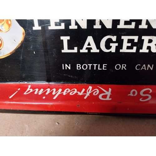 163 - Tennents Lager tin plate advertising drinks tray. {35 cm H x 35 cm W}.