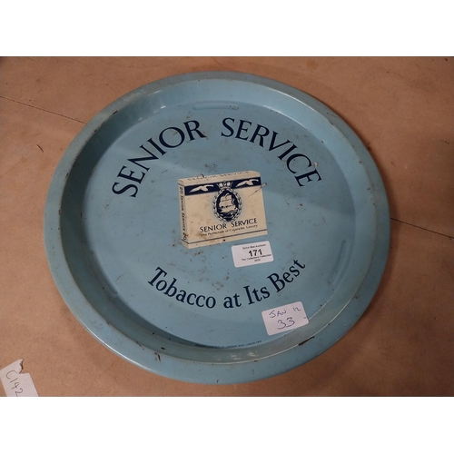 171 - Senior Service Is The Best Tobacco tin plate advertising drinks tray {33 cm Diam.}.