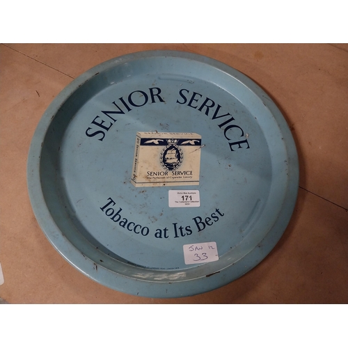 171 - Senior Service Is The Best Tobacco tin plate advertising drinks tray {33 cm Diam.}.