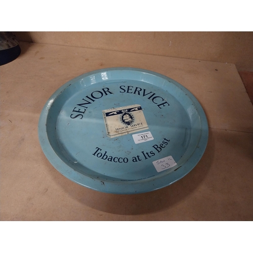 171 - Senior Service Is The Best Tobacco tin plate advertising drinks tray {33 cm Diam.}.