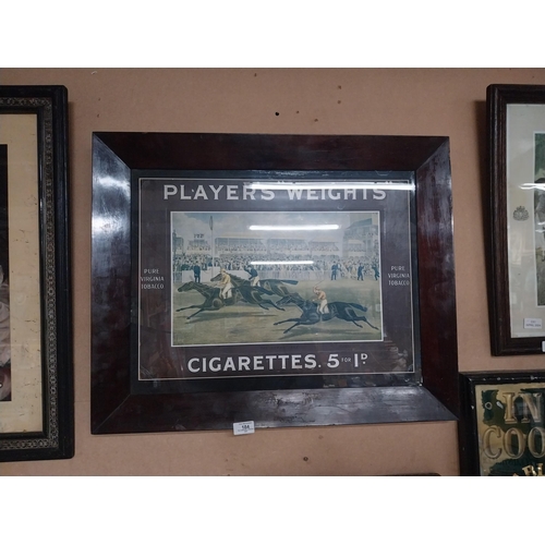 184 - Player's Weights cigarettes framed advertising showcard {56 cm H x 63 cm W}.