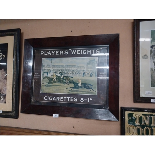 184 - Player's Weights cigarettes framed advertising showcard {56 cm H x 63 cm W}.