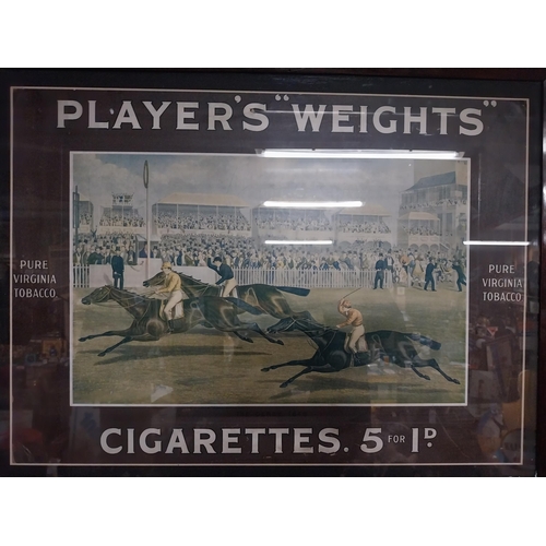 184 - Player's Weights cigarettes framed advertising showcard {56 cm H x 63 cm W}.