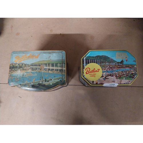 192 - Two Butlin�s Holiday Camp tin plate advertising tins one with tea leaves. {11 cm H x 16 cm W x 10 cm... 