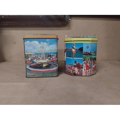 192 - Two Butlin�s Holiday Camp tin plate advertising tins one with tea leaves. {11 cm H x 16 cm W x 10 cm... 