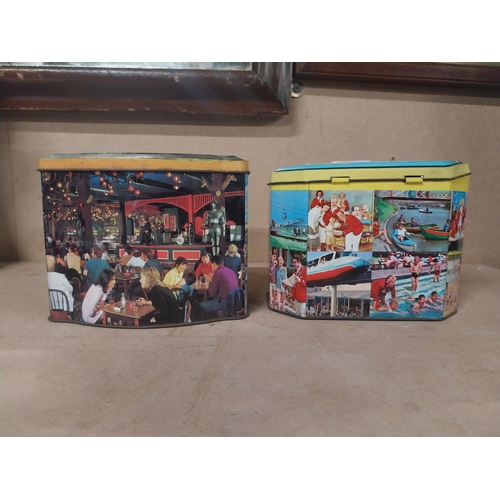 192 - Two Butlin�s Holiday Camp tin plate advertising tins one with tea leaves. {11 cm H x 16 cm W x 10 cm... 