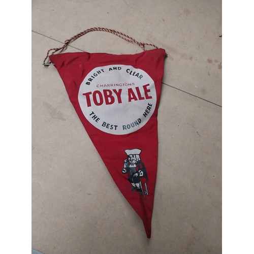 209 - Carling Black Label banner on stand {34 cm x 11 cm W} and Toby Ale adverising banner {28 cm H x 17 c... 