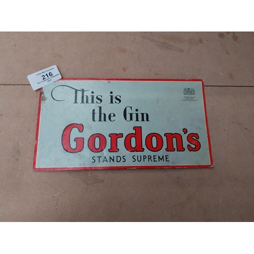 216 - This is the Gin That Stands Supreme Gordons Gin cardboard showcard. {10 cm H x 21 cm W}.