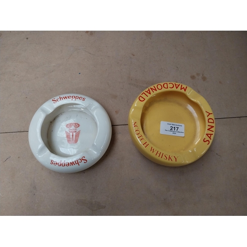 217 - Sandy McDonald Scotch Whiskey Wade ceramic ashtray {4 cm H x 13 cm Dia.} and Schweppes ceramic ashtr... 