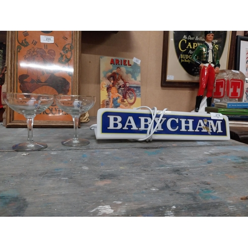 219 - Babycham shelf light with two original Babycham glasses {Light: 8cm H x 36cm W}