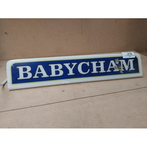 219 - Babycham shelf light with two original Babycham glasses {Light: 8cm H x 36cm W}