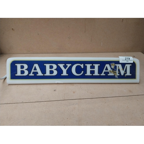 219 - Babycham shelf light with two original Babycham glasses {Light: 8cm H x 36cm W}