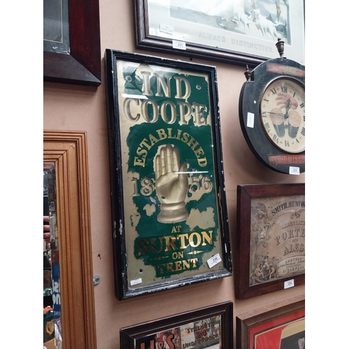 230 - Ind Coope Burton on Trent reverse painted glass framed advertisement. {56 cm H x 30 cm W}.