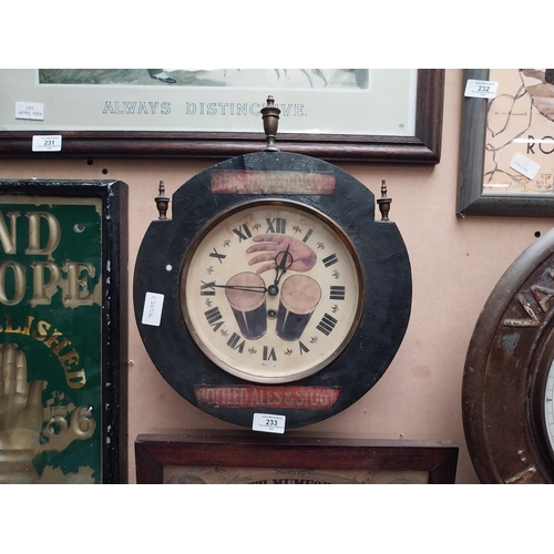 233 - Unusual Guinness bottled ales and stouts advertising wooden wall clock. {34 cm H x 34 cm W}.