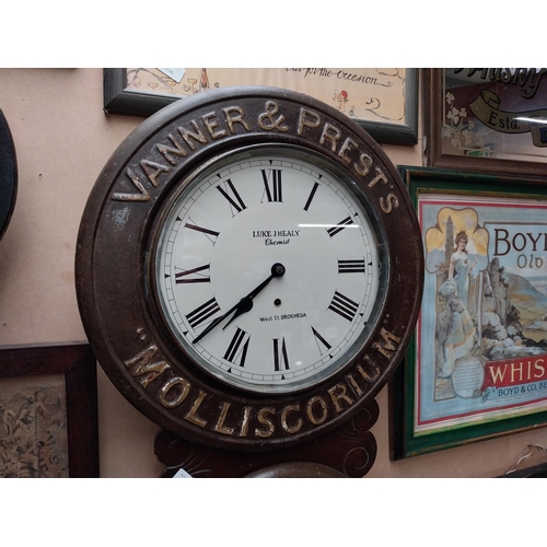 237 - Vanner and Prests Molliscorium  Luke J Healy Chemist Word St Drogheda wooden advertising clock. {78 ... 