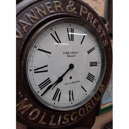 237 - Vanner and Prests Molliscorium  Luke J Healy Chemist Word St Drogheda wooden advertising clock. {78 ... 