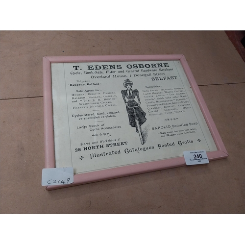 240 - T Edens Osborne General Hardware Merchant Belfast framed advertising print. {22 cm H x 28 cm W}.