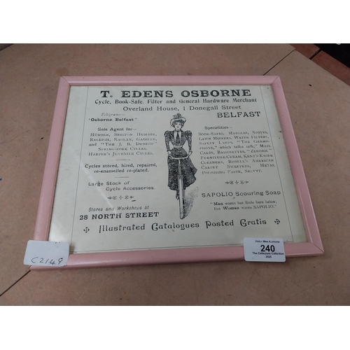 240 - T Edens Osborne General Hardware Merchant Belfast framed advertising print. {22 cm H x 28 cm W}.