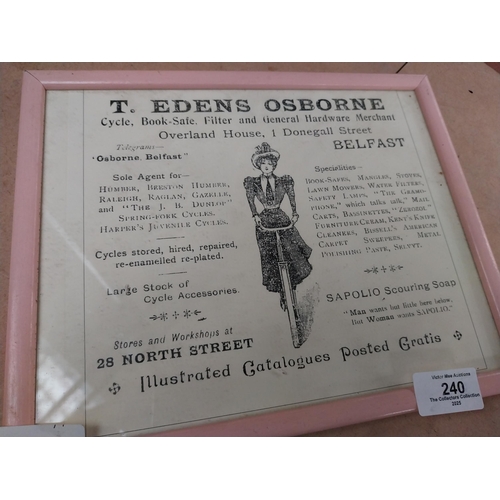 240 - T Edens Osborne General Hardware Merchant Belfast framed advertising print. {22 cm H x 28 cm W}.