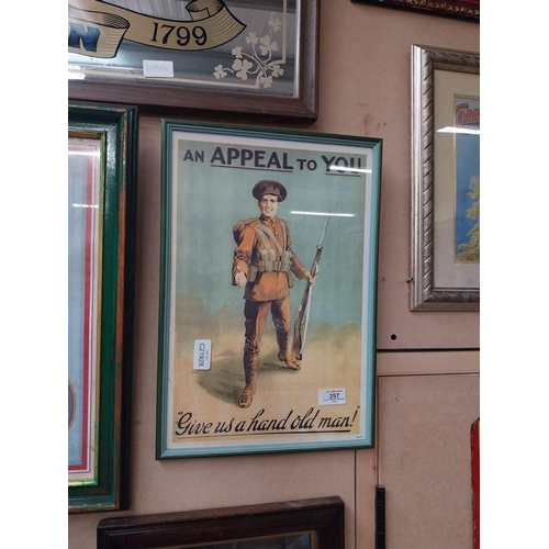 257 - An appeal to you Give us a Hand Old Man WWI recruitment print in wooden frame. {42 cm H x 29 cm W}.