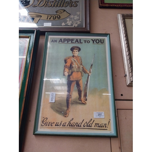 257 - An appeal to you Give us a Hand Old Man WWI recruitment print in wooden frame. {42 cm H x 29 cm W}.