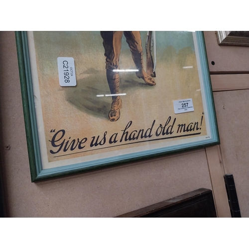 257 - An appeal to you Give us a Hand Old Man WWI recruitment print in wooden frame. {42 cm H x 29 cm W}.