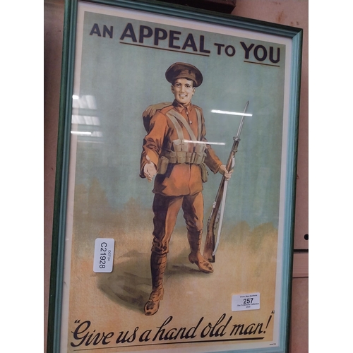 257 - An appeal to you Give us a Hand Old Man WWI recruitment print in wooden frame. {42 cm H x 29 cm W}.