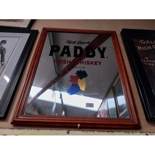 26 - Framed Paddy Irish Whiskey advertising mirror. {69 cm H x 55 cm W}.