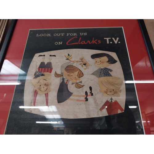 262 - Look out for us on Clarke's TV most weekends framed advertising print. {44 cm H x 39 cm W}.