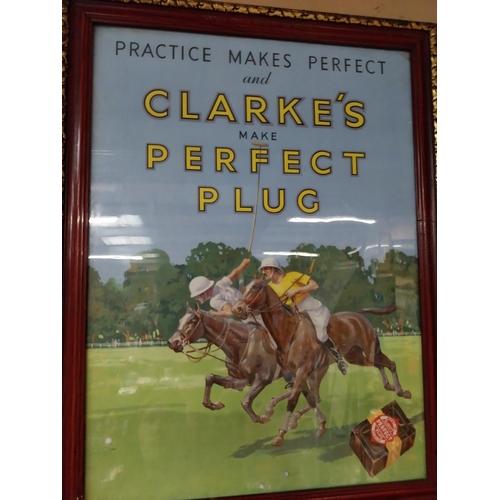 263 - Clarke's Perfect Plug advertising showcard in original wooden frame stamped Dublin. {49 cm H x 38 cm... 