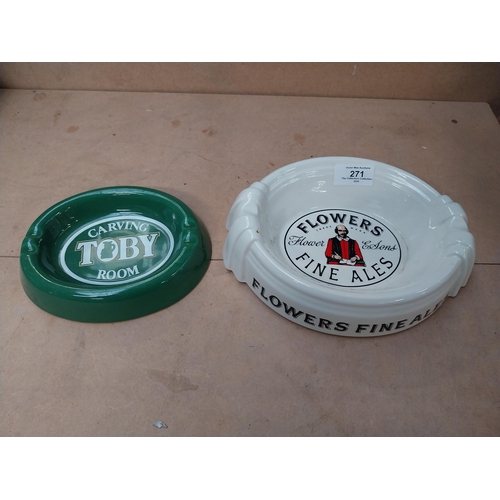 271 - Flowers Fine Ales Carltonware ceramic advertising ashtray {5 cm H  x 23 cm W x 18 cm D} and Toby Car... 