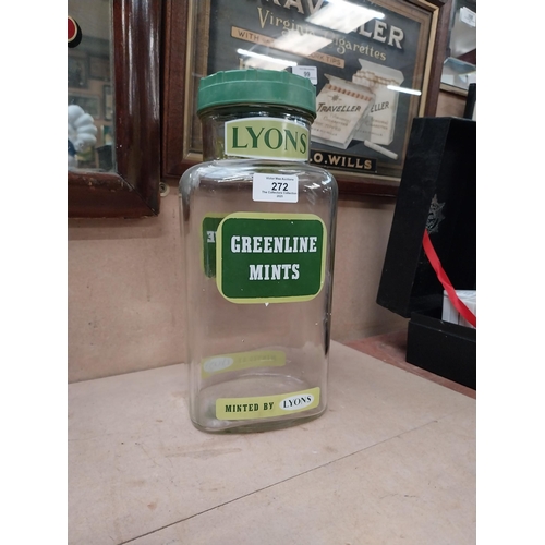 272 - Lyons Greenline mints glass sweet jar. {31 cm H x 14 cm W  x 10 cm D}.