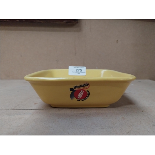 275 - Weetabix 70th anniversary advertising bowl. {8 cm H x 14 cm W x 14 cm D}.