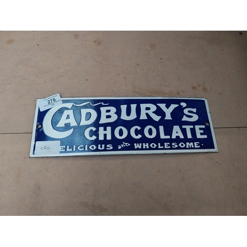 278 - Cadburys Chocolate Delicious and Wholesome enamel advertising sign. {10 cm H x 30 cm W}.