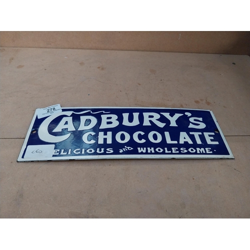 278 - Cadburys Chocolate Delicious and Wholesome enamel advertising sign. {10 cm H x 30 cm W}.