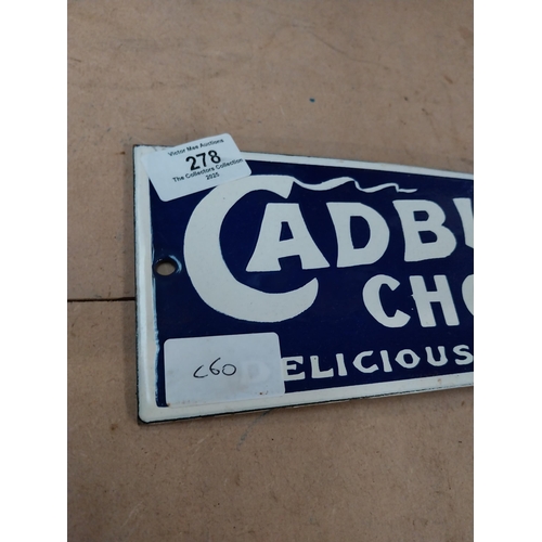 278 - Cadburys Chocolate Delicious and Wholesome enamel advertising sign. {10 cm H x 30 cm W}.