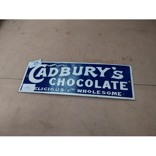 278 - Cadburys Chocolate Delicious and Wholesome enamel advertising sign. {10 cm H x 30 cm W}.