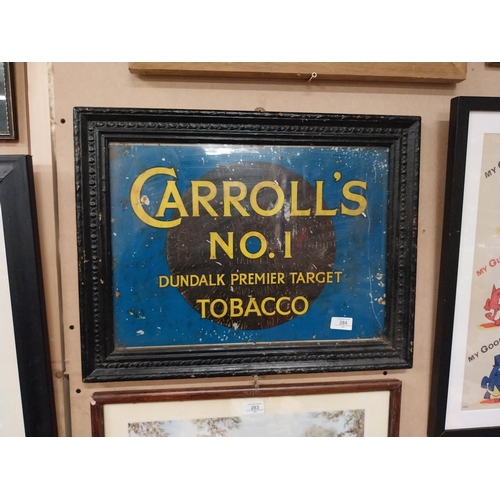 284 - Framed tin plate Carroll�s No 1 Dundalk premier Target Tobacco. {44 cm H x 57 cm W}.