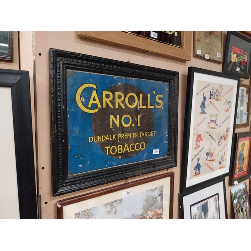 284 - Framed tin plate Carroll�s No 1 Dundalk premier Target Tobacco. {44 cm H x 57 cm W}.